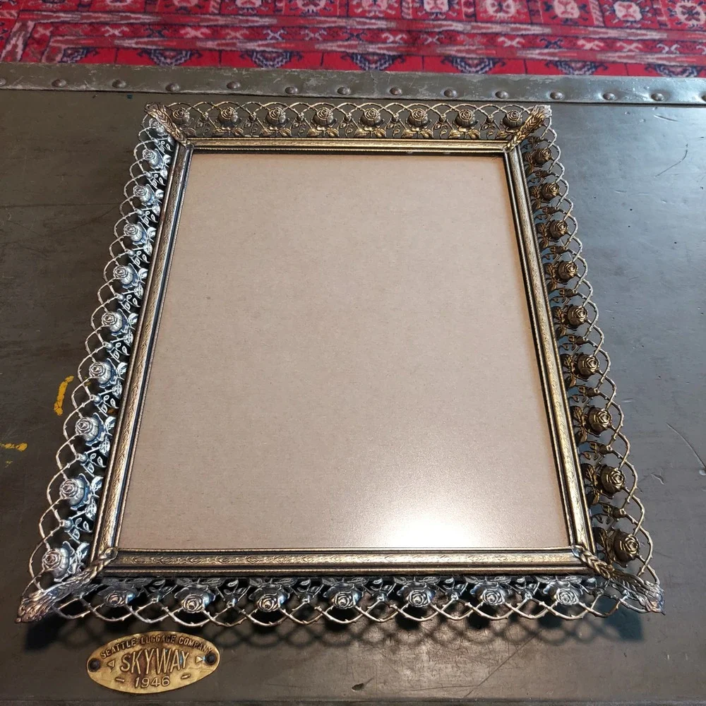 Vintage Silver Metal Rose Filigree Picture Frame Ornate Victorian 9.75x11.75